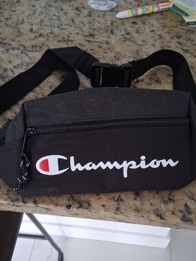 Champion Black Waist Pack with White Logo and Red Accent
